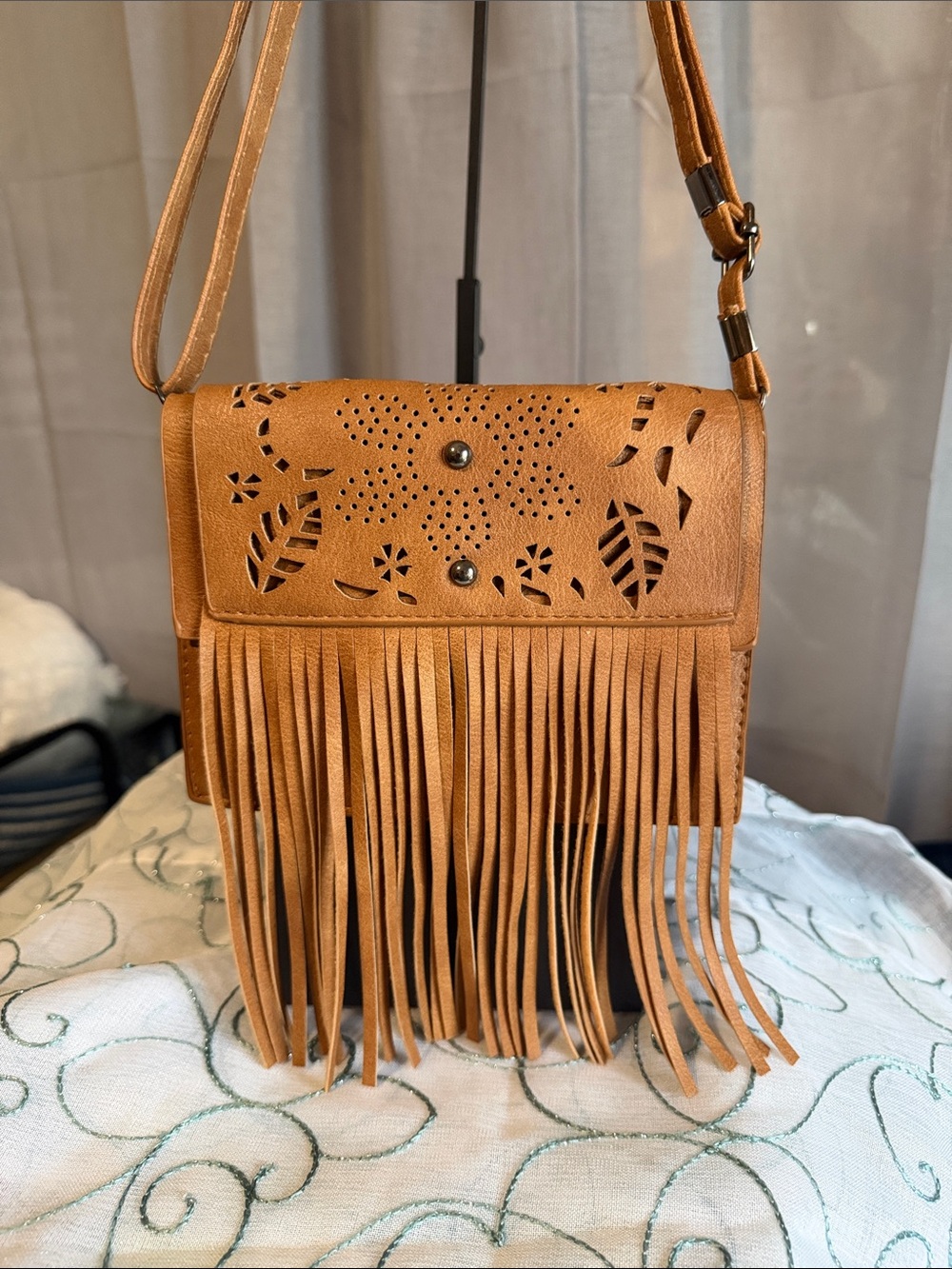 Fringe!!! Laser-Cut Crossbody Bag - Tan